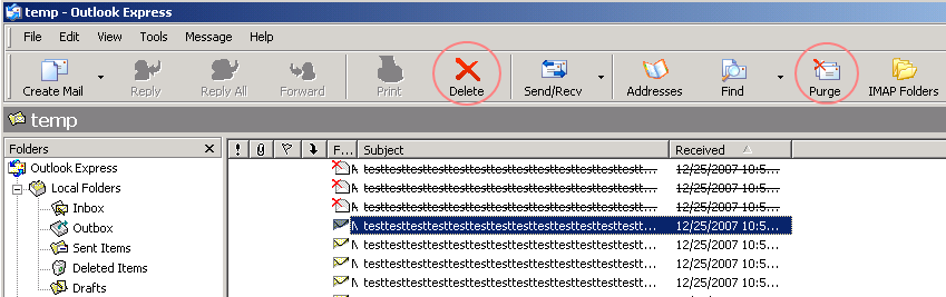 Select messages and click the delete button. Strikthrough will appear.
