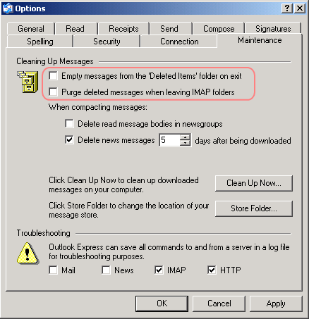 usunięte wiadomości e-mail w programie Outlook express