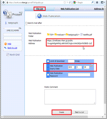 Enter Web Publication Expiry Date and click [Create]